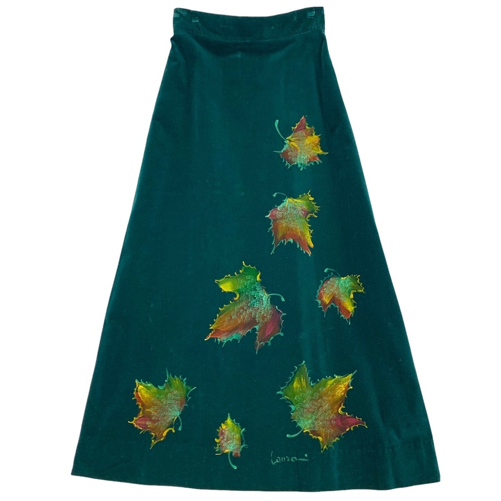 Vintage Italian Made Heavy Weight Green Velvet Skirt Custom Hand Painted Leaves